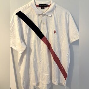 U.S. POLO ASSN. DIAGONAL SASH FRONT PIQUE POLO SHIRT- White/Blue/Red - XL.